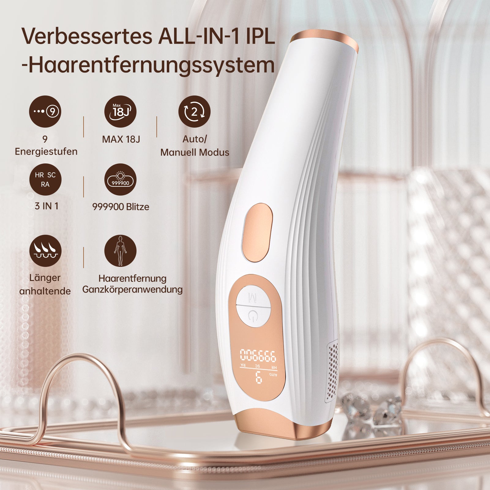 3-en-1 Épilateur Lumière Pulsée, HR/SC/RA IPL Épilateur Laser, Max 18J et 9 Niveaux d'énergie, 999,900 Flashes, 2 Modes Épilateur Electrique, Épilation Laser pour Femme et Homme, Visage, Corps, Bikini